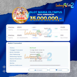 BUKTI JACKPOT LADANGTOTO2 MANIAOLYMPUS RP.35.000.000,-